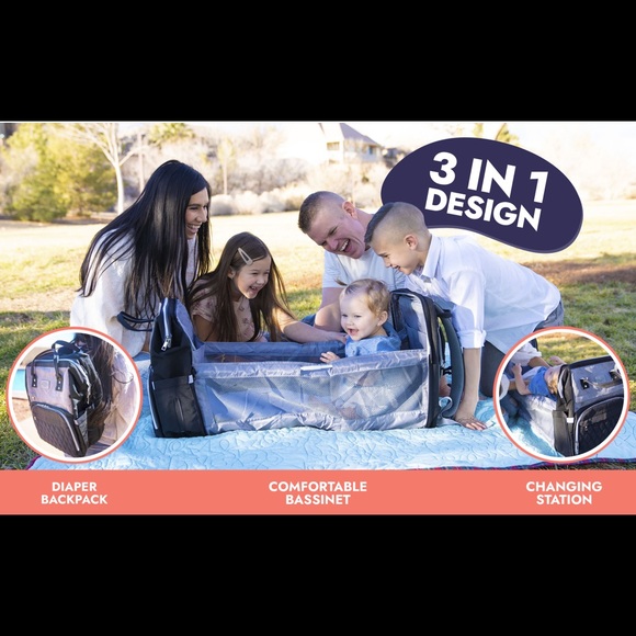 3 In1 Baby Grey/Black Diaper Bag Backpack with Changing Station/ Bassinet - Picture 3 of 16